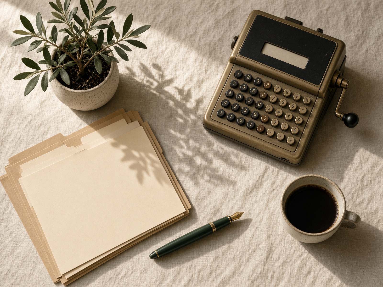 Fountain pen, stamp, and folded papers on a linen desk.